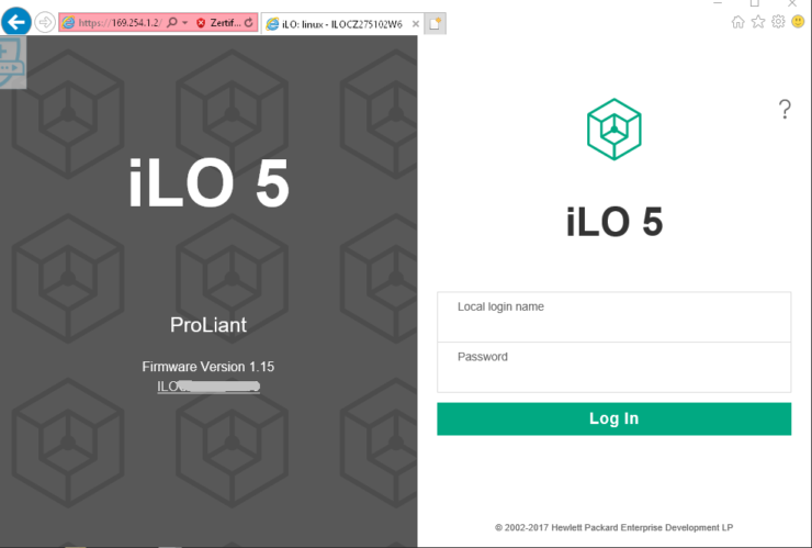 iLO Login page