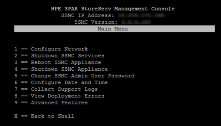 The Text-based User Interface (TUI) used to manage SSMC appliance